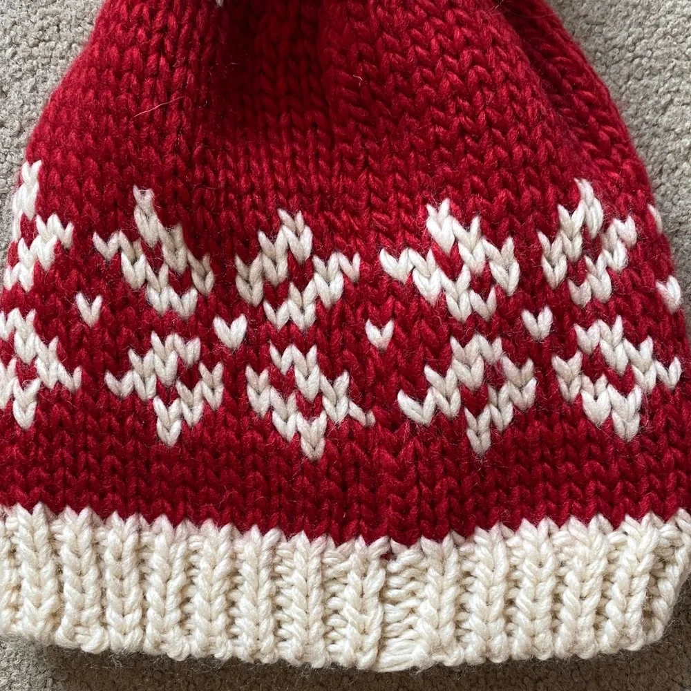 Red and Cream Pom Pom Knit Beanie